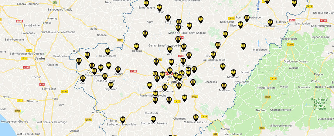 carte d'implantation des bibliothèque de Charente